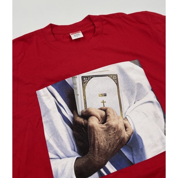 Supreme Men's L Jesus Slate Pre-Shrunk Red Graphic Y2K Short Sleeve Shirt - Picture 1 of 5